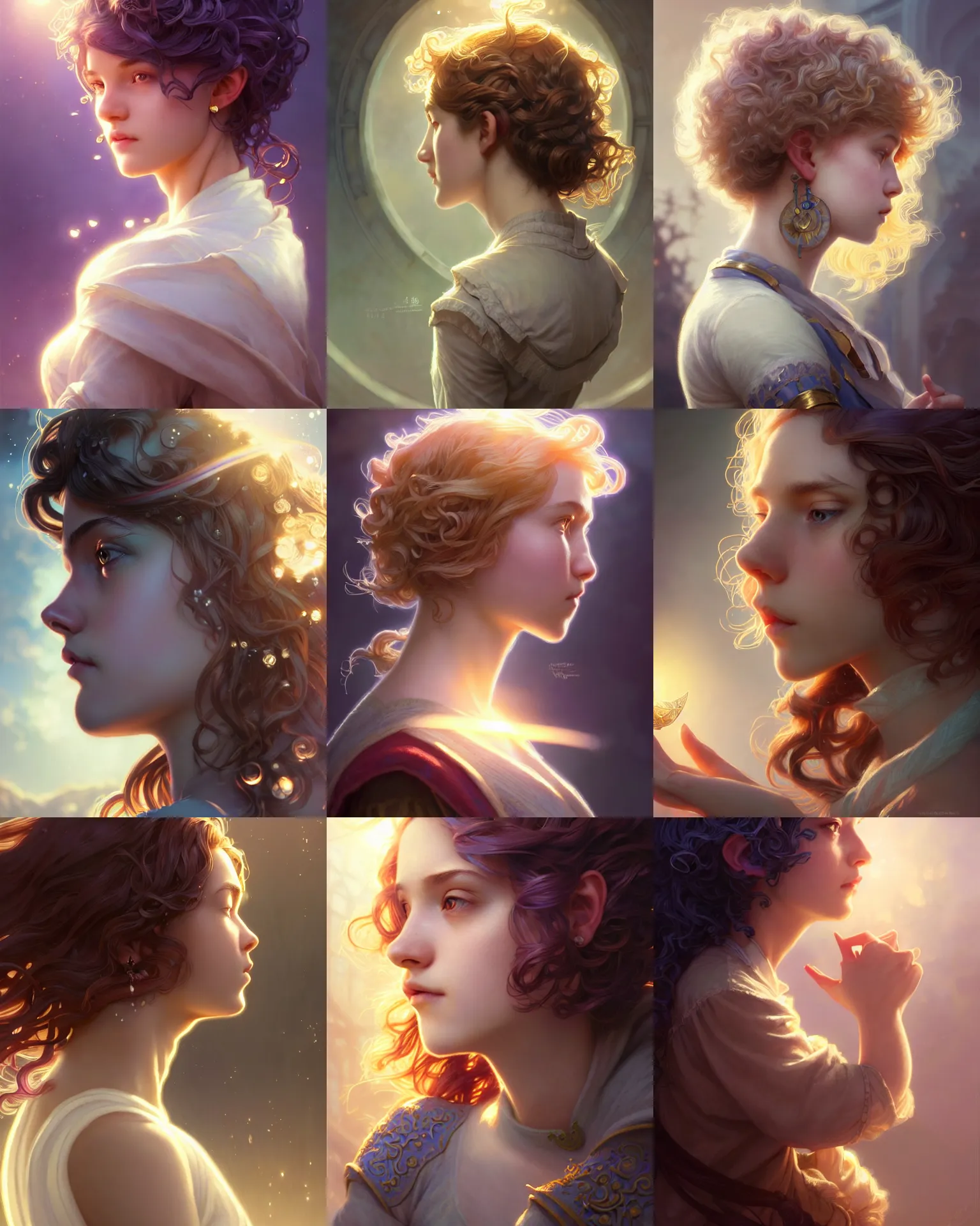 Prompt: side portrait of a university young female, magic school, light colored hair, short curly hair, fantasy building, intricate, sharp focus, lens flare, bloom, rim light, illustration, highly detailed, digital painting, concept art, matte, art by wlop and ross tran and artgerm and greg rutkowski and alphonse mucha, masterpiece