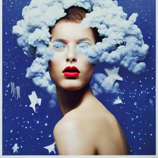 Prompt: fashion model silhouette smoke, soft blue moon light, white stars, vogue cover style, poster art, high detail, intricate oil painting, multiple exposure, hyperrealism, 3 d, by stanley kubrick - n 4