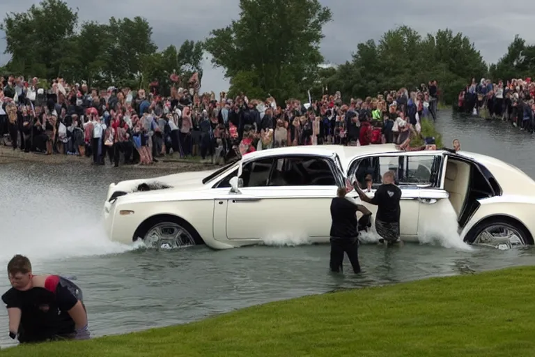 Image similar to Group of teenagers push Rolls-Royce into lake from small slide