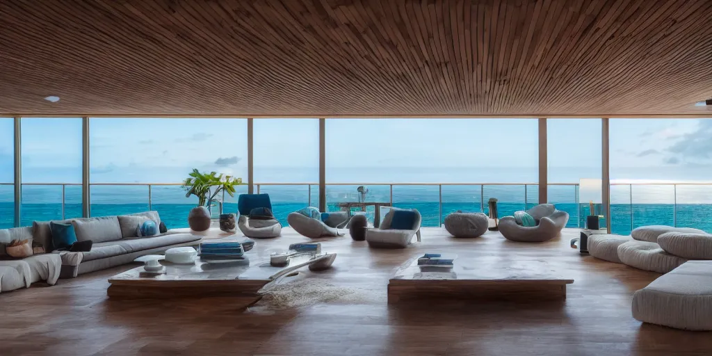 Image similar to a modern hi tech living room in a ocean hues style next to a big terrace overlooking the ocean, a luxurious wooden coffee table with large seashells on top in the center, inspired by the ocean, calm, relaxed style, harmony, wide angle shot, 8 k resolution, ultra detailed