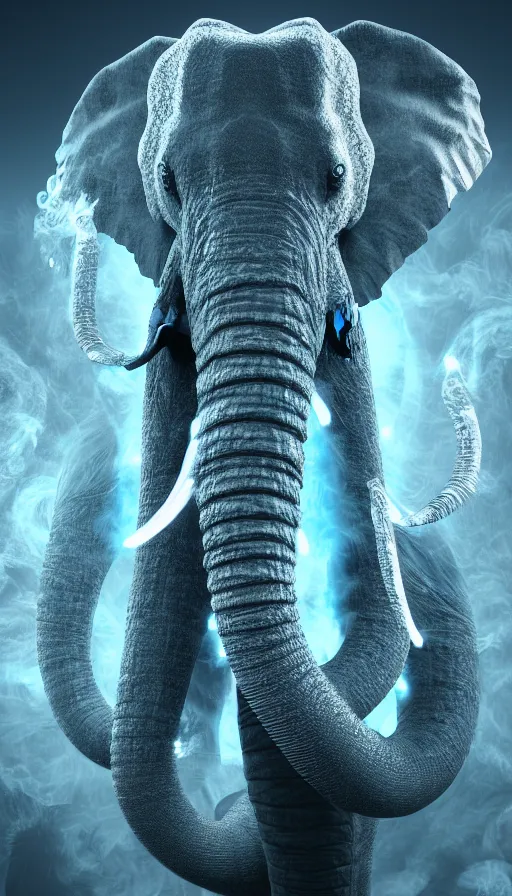 Image similar to 8K UHD Houdini Recursive structure, a fractal elephant, background bioluminescent swirling smoke wisps, natural gradient palette, volumetric lighting, 18 mm lens