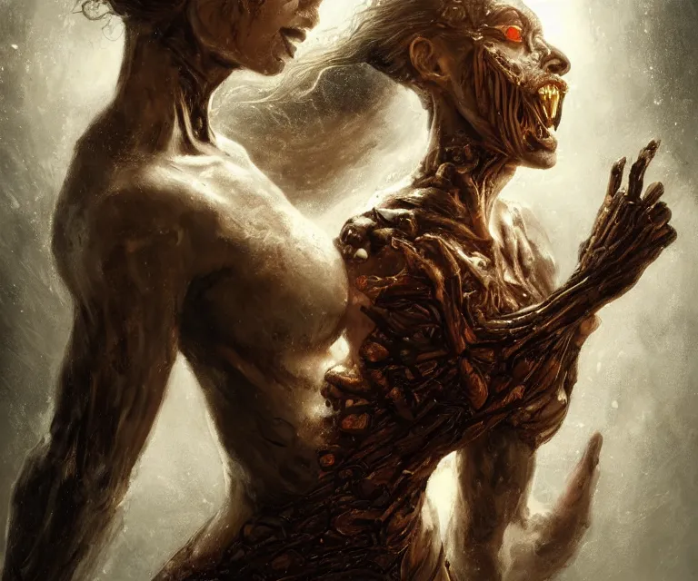 Prompt: beautiful humanoid female warrior, innards on the outtards, no skin, multiple limbs, dripping with massively powerful energy, devouring evil energy and transmuting it to beautiful clean light, stunning scene, victorian, in the style of greg rutkowski, 1 6 k, photorealistic, perfect lighting, perfect shading, sharp focus, masterpiece, peak experience