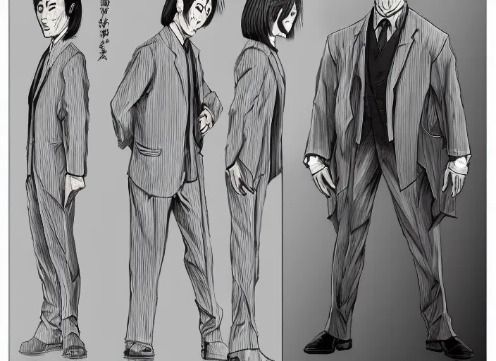 Prompt: yoji shinakawa character design sheet, anthromorphic orange wearing a black suit