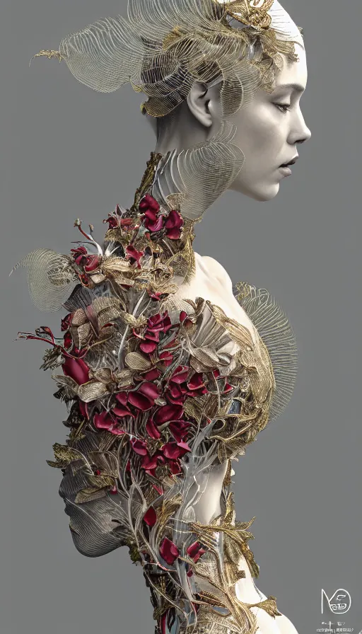 Image similar to complex 3d render ultra detailed of a beautiful porcelain profile woman face, mechanical vegetal cyborg, 150 mm, beautiful studio soft light, spot light, rim light, silver gold red details, luxurious, magnolia big filigran leaves and stems, roots, Alexander Mcqueen haute couture, fine foliage lace, mesh wire, filigran metallic intricate details, hyperrealistic, mandelbrot fractal, anatomical, silver metal armor, facial muscles, cable wires, microchip, elegant, white background, beautiful white teeth, octane render, H.R. Giger style, 8k