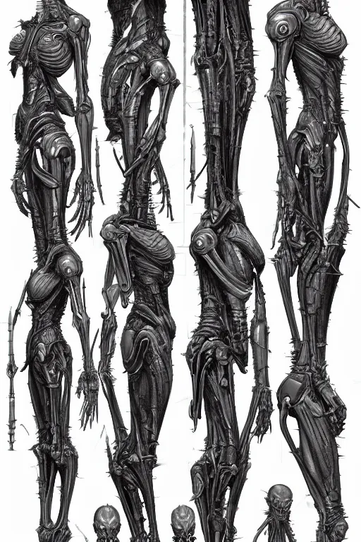 Prompt: quintessa transfomers with gunmetal grey skin, medical anatomy, very symmetrical face, highly detailed, mecha, three - perspective / three - view reference sheet ( front / back / side ), in the style of dan ouellette, hr giger, sil from species, dren from splice, biomechanical, artstation, unreal engine