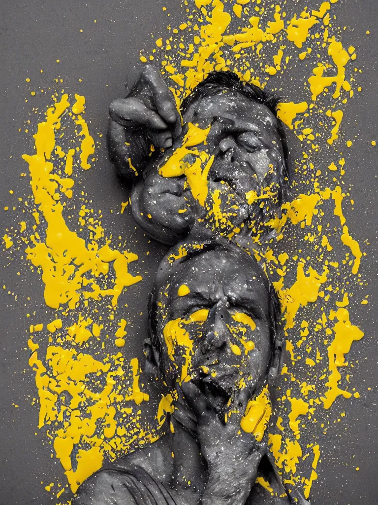 Prompt: a perfect colour photograph of a deconstructed concept of a man, riddled with doubt, overcome by fear, but ultimately free and filled with custard leaking from every pore in his distributed bodies.
