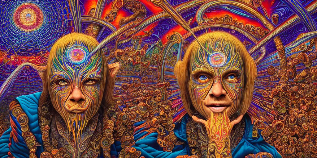 Prompt: hyper detailed portrait of a dmt time elf greeting a psychonaught, cathedral background, masterpiece composition, 8 k resolution, ultra fine illustration, alex grey, todd schorr, casey weldon, tokio aoyama, highly detailed,