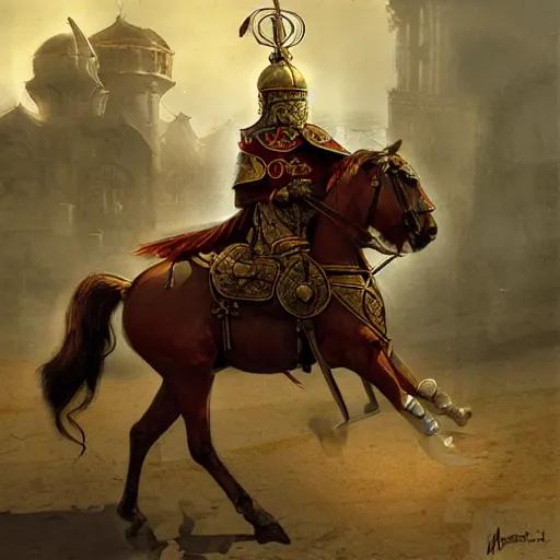 Image similar to byzantine cataphract mounted on horseback, by marc simonetti