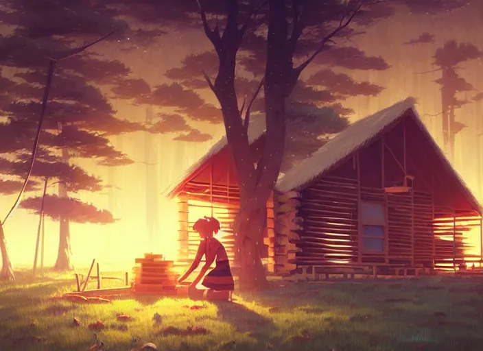 Image similar to portrait of a woman building a log cabin, illustration concept art anime key visual, very trippy and abstract, trending pixiv fanbox by wlop and greg rutkowski and makoto shinkai and studio ghibli and kyoto animation