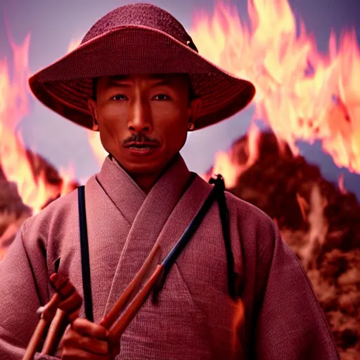 Image similar to cinematic film still Pharrell Williams starring as a Samurai holding fire, Japanese CGI, VFX, 2003, 40mm lens, shallow depth of field,film photography