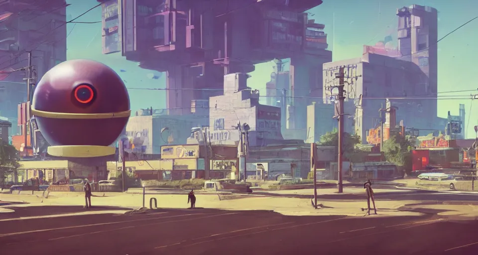 Image similar to A 1950s city scene with a GIANT LASER EYEBALL looming in the distance, rendered by simon stålenhag, rendered by Beeple, Makoto Shinkai, syd meade, environment concept, digital art, unreal engine, 3 point perspective, WLOP, trending on artstation, low level, 4K UHD image, octane render,