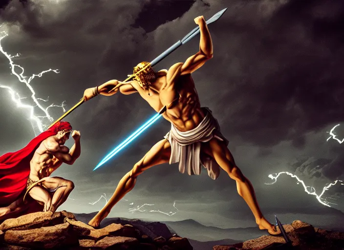 Prompt: zeus fighting chronos with a spear of lightning at the top of mount olympus. mythology style. highly detailed 8 k. intricate. lifelike. soft light. sony a 7 r iv 5 5 mm. [ cinematic post - processing ].