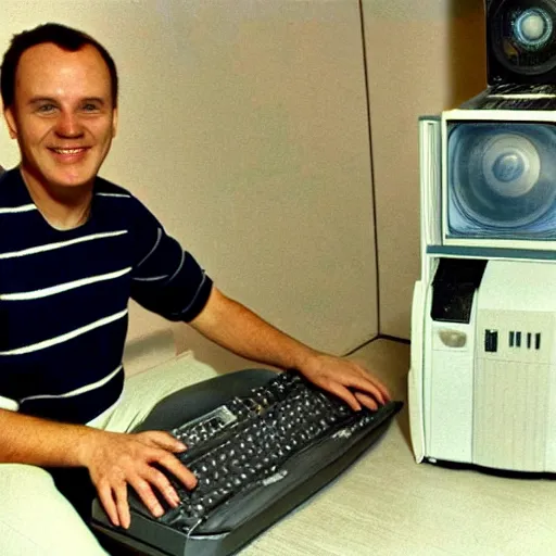 Image similar to a photo of a man sitting infront of a 1 9 9 0 s computer, he is smilling at the camera, he is a 3 meters away from the camera, light coming from the camera, taken on a 1 9 9 0 s camera.