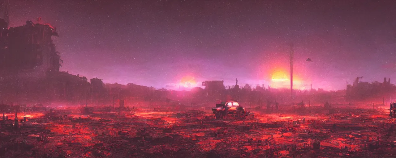 Prompt: ” otherwordly depressing landscape radioactive desolate wasteland at night, [ cinematic, detailed, epic, widescreen, opening, establishing, mattepainting, photorealistic, realistic textures, octane render, art by paul lehr ] ”