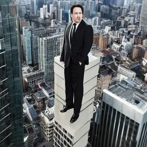 Image similar to Jon Favreau as clean-shaven Happy Hogan wearing a black suit and black necktie and black dress shoes is climbing up the side of a tall building in an urban city. The sky is filled with dark clouds and the mood is ominous.