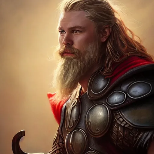 Image similar to viking looking thor, d & d, fantasy, portrait, highly detailed, full body, digital painting, trending on artstation, concept art, sharp focus, illustration, art by artgerm and greg rutkowski and magali villeneuve