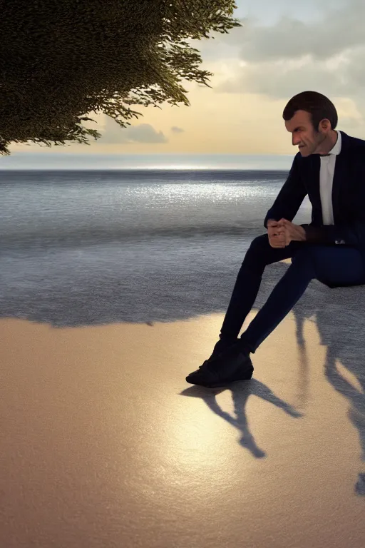 Image similar to Emmanuel Macron sitting on the beach looking to the sea at sunrise, concept art, octane render, unreal engine 5, trending on Artstation, high quality, highly detailed, 8K, soft lighting, godrays, path tracing, serene landscape, turbulent sea, high coherence, anatomically correct, hyperrealistic, sand, beautiful landscape, cinematic, rain in the sky