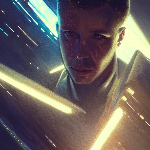 Prompt: portrait of a man, sci - fi, cyberpunk, blade runner, glowing lights, tech, biotech, techwear, intricate, elegant, highly detailed, digital painting, artstation, concept art, smooth, sharp focus, illustration, art by artgerm and greg rutkowski and alphonse mucha