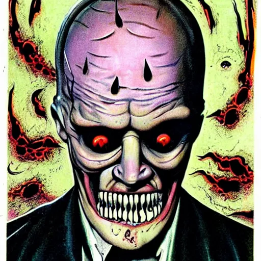 Image similar to 1 9 8 7 full - color photo in the style of clive barker featuring a cenobite welcoming you to the hellish underworld. high - quality promotional photography from an issue of a horror - cinema magazine ; terrifying.