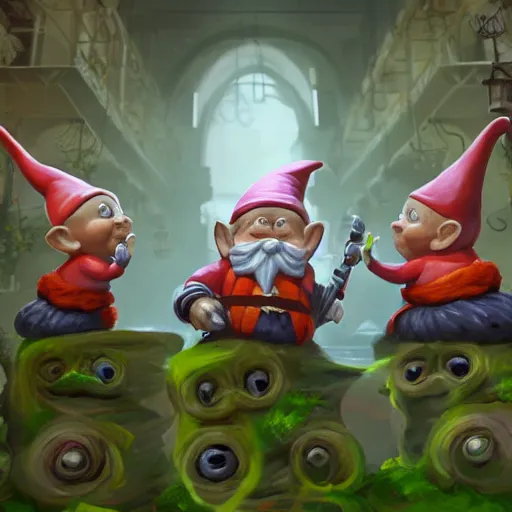 Image similar to garden gnomes as ghostbusters, intricate, highly detailed, digital painting, artstation, symmetrical, concept art, smooth, sharp focus, illustration, unreal engine 5, 8 k,