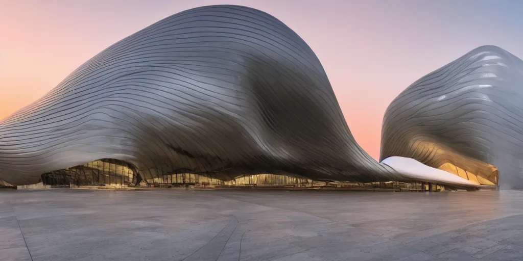 Image similar to extremely elegant smooth detailed stunning sophisticated beautiful elegant futuristic museum exterior by Zaha Hadid, Milan buildings in the background, smooth curvilinear design, stunning volumetric light, stainless steal, concrete, translucent material, beautiful sunset, tail lights