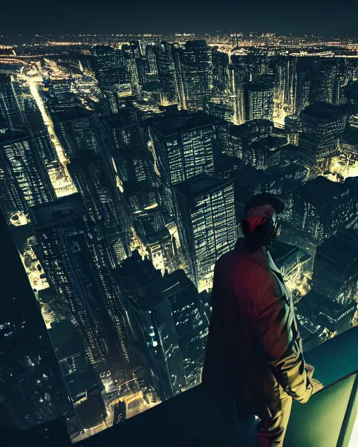 Prompt: a unreal engine rendered night rooftop scene by Liam Wong, neon lights in the city below, close up shot of a photorealistic gangster wearing a trench coat looking at the city below, dark mood, octane render, unreal engine, raytracing