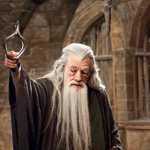 Image similar to Gandalf as Defense against the Dark Arts teacher in Hogwarts