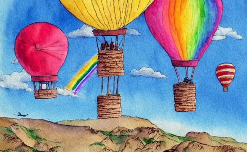 Prompt: hot air balloon flying through the sky, double rainbow, illustration by dr seuss, oh! the places you'll go, watercolor