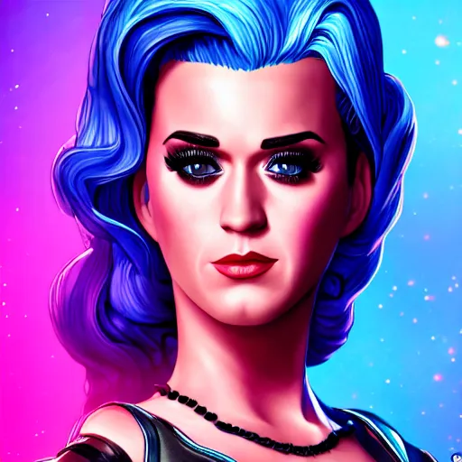 Image similar to katy perry portrait, borderlands, tales from the borderlands, the wolf among us, comic, cinematic lighting, studio quality, 8 k