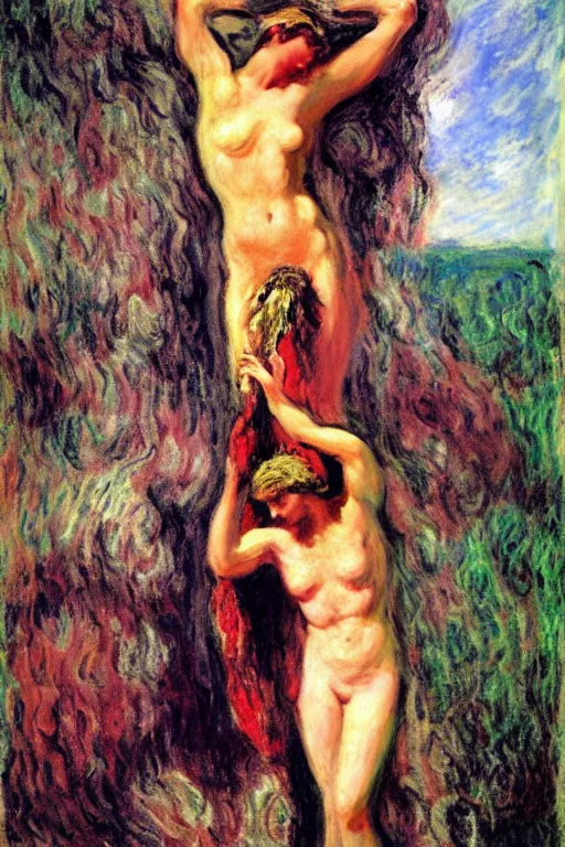 Image similar to Prometheus in style of Salome with the Head of John the Baptist, background by Claude Monet