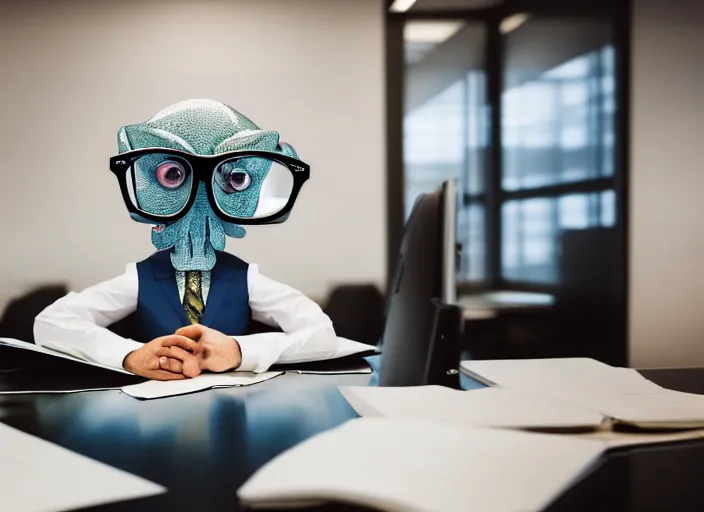 Prompt: photo of a squid in a suit and glasses, reading a document at a desk in an office. Highly detailed 8k. Intricate. Sony a7r iv 55mm. Award winning.