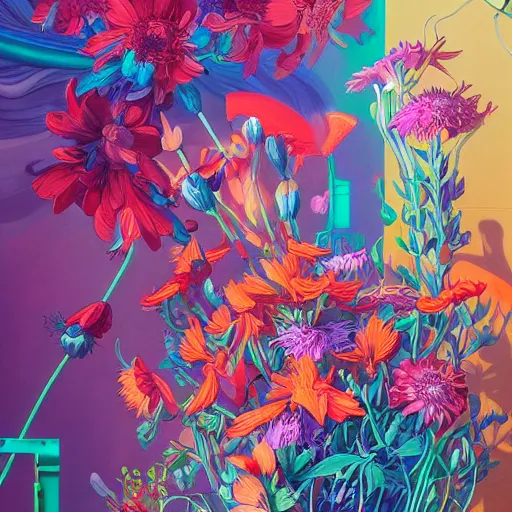 Image similar to a bouquet of colorful flowers, flowers with very long petals,afternoon sunlight, hard light and long shadows, neon glowing, vivid, detailed painting, by James Jean and Ross Tran, masterpiece, award winning painting