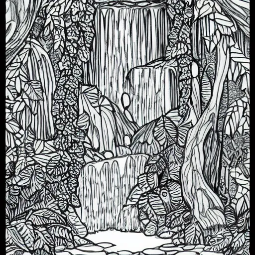 Image similar to an adult coloring page of a waterfall in the enchanted forest, light detail