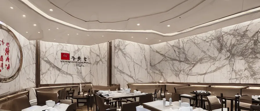 Image similar to a beautiful hyperdetailed interior render of roasted string hotpot restaurant restaurant yan'an, wall corner, from china, marble walls and white floors, with merchant logo, fine delicate structure, chinese style, simple composition, simple style structure decoration design, victo ngai, 4 k hd