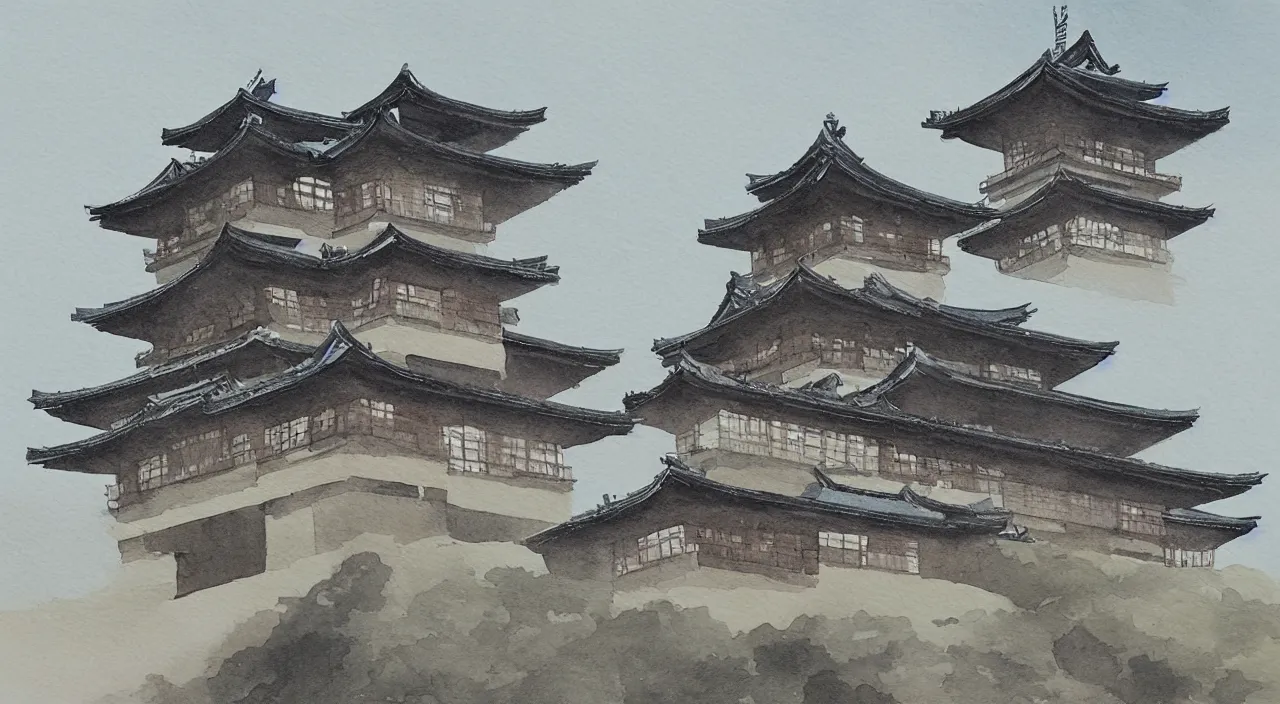 Prompt: a watercolour painting of a Japanese castle, trending on artstation