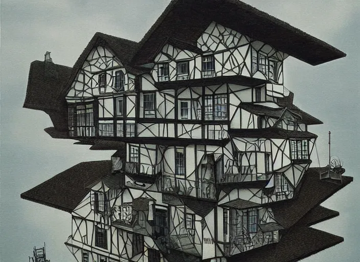 Image similar to a house built on a cloud, painting by mc escher, very detailed, illusion, surreal!!!, trending on artstation, beautiful color art