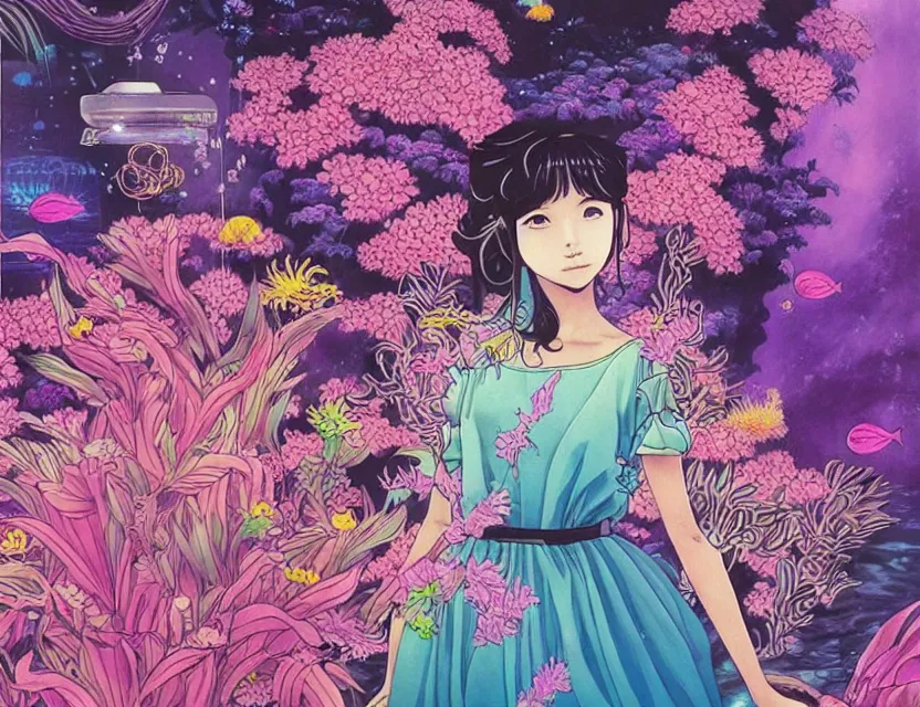 Prompt: southeast asian scifi princess in a planted aquarium, wearing a lovely dress with vaporwave elements. this oil painting by the award - winning mangaka has an interesting color scheme and impeccable lighting.