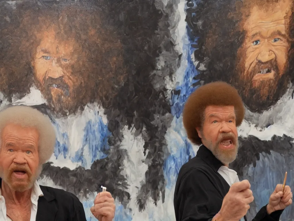 Image similar to bob ross is sad and sngry and yelling at a huge painting by bob ross