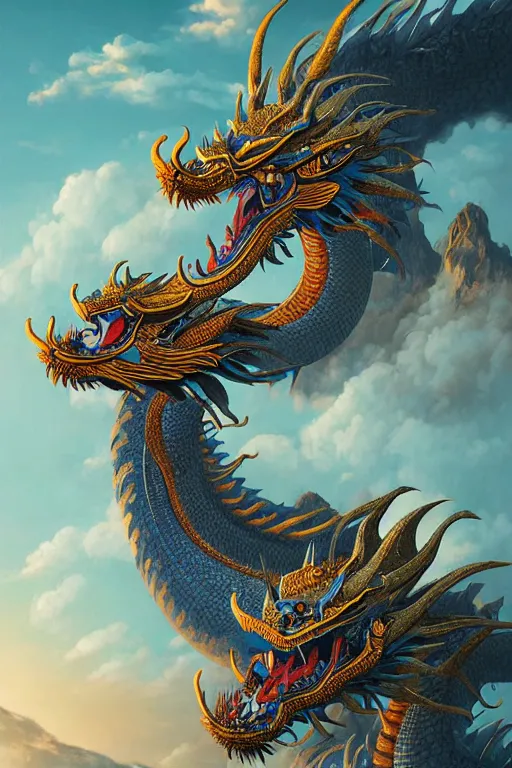 Image similar to a beautiful and detailed thai dragon paintings by Chalermchai Kositpipat and Ghibli Studios, Dan Mumford, artstation, cinematic lighting, omnious sky