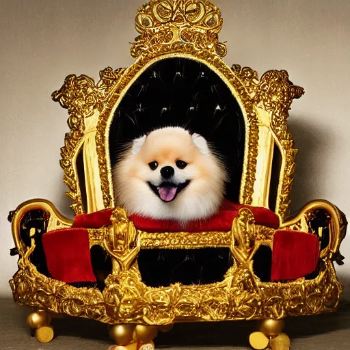 Prompt: a Pomeranian wearing a golden crown is sitting on the King's throne