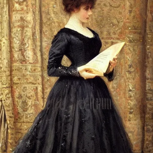 Image similar to young victorian lady in ball gown, absent - minded, holding a book, high hand detail!, painted by alfred stevens