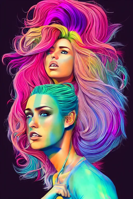 Image similar to a award winning half body portrait of a beautiful woman with stunning eyes in a printed croptop and cargo pants with rainbow colored ombre hairstyle head in motion and hair flying by josan gonzales, outrun, vaporware, shaded flat illustration, digital art, trending on artstation, highly detailed, fine detail, intricate