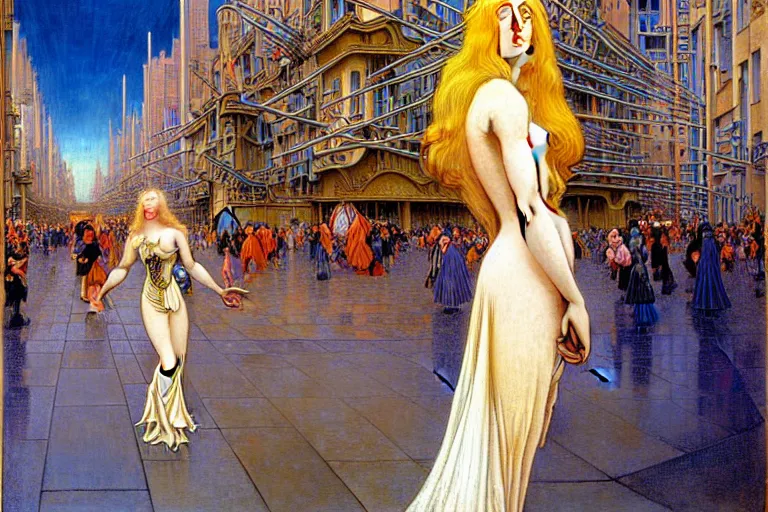 Prompt: realistic extremely detailed full length portrait painting of a girl with blond hair in a crowded modern sci-fi city street by Jean Delville, Amano, Yves Tanguy, Alphonse Mucha, Ernst Haeckel, Edward Robert Hughes, Roger Dean, rich moody colours, blue eyes