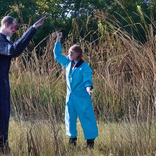 Image similar to in a field, two scientists in lab coats encounter a monster shaped like the DNA double helix