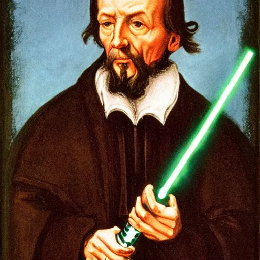 Prompt: the theologian John Calvin holding a lightsaber