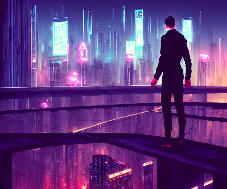 Image similar to a man standing on top of a bridge over a city, cyberpunk art by Vincent Lefevre, behance contest winner, altermodern, cityscape, synthwave, matte painting