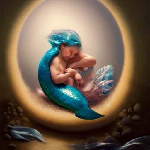 Image similar to a baby mermaid sleeping in an egg, ultrarealistic, dramatic lighting, high details, 4 k, 8 k, best, accurate, trending on artstation, artstation, photorealism, ultrarealistic, digital painting, style of peter mohrbacher, caravaggio, boris vallejo