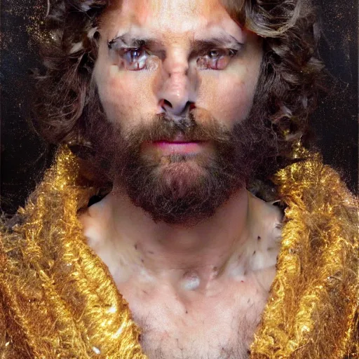 Image similar to detailed realistic cinematic wide shot of beautiful attractive muscular michael cera black beard pose with gold chain wearing blue suit gold robe slim face symettrical face clean skin black eyes black robe smooth, sharp focus, ultra realistic, spring light, painting by gaston bussiere, craig mullins, j. c. leyendecker