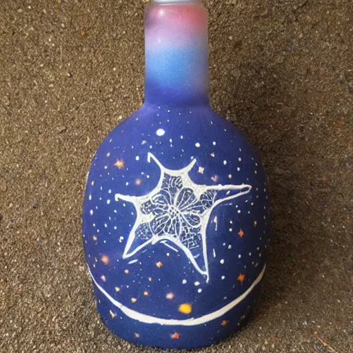 Prompt: Liminal space in outer space, sand art bottle