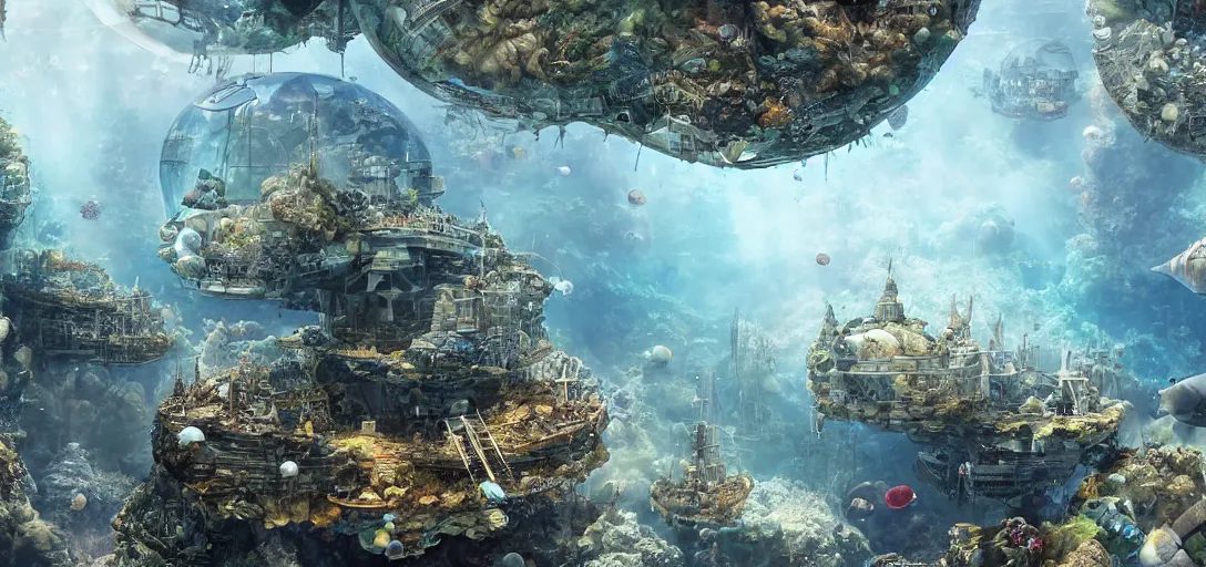 Prompt: underwater city in a giant glass bubble with soldiers in diving suits patrolling the sea floor, matte painting, digital art, award - winning art, highly detailed, ultra detailed, hdr, ultra detailed, 8 k, intricate, volumetric lighting